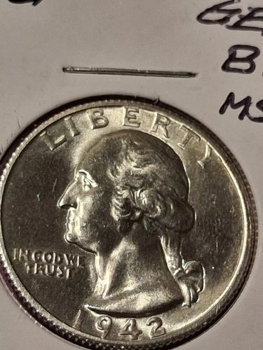 1942-S WASHINGTON QUARTER. MS/ BU/ HIGH RATED.