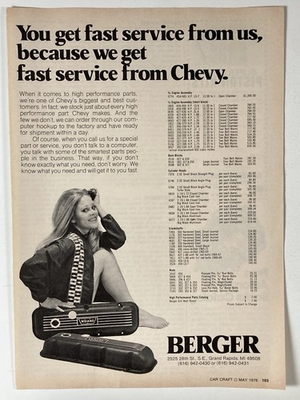 #ad 1976 Berger Print Ad Performance Parts Weiand Chevy Chevrolet Auto Parts $11.99
