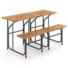 2PCS Patio Table Bench Set Picnic Table Seat w/ Acacia Wood Top Metal Legs