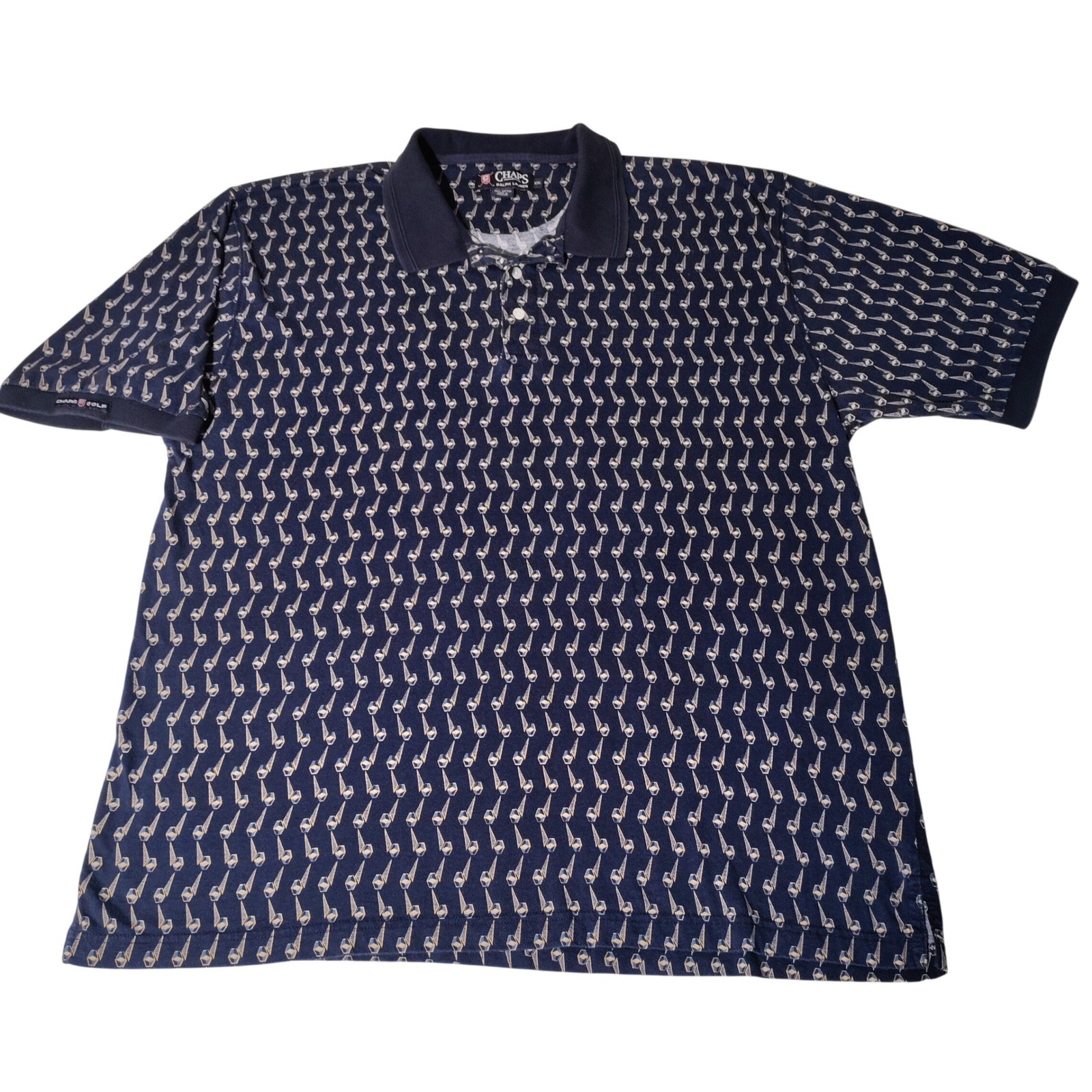 Chaps Ralph Lauren Mens XXL Navy Blue Geometric Print Short Sleeve Golf Polo Vtg