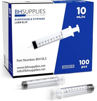BH Supplies 10ml Luer Slip Tip Syringes (No Needle) - Sterile, Individually... 