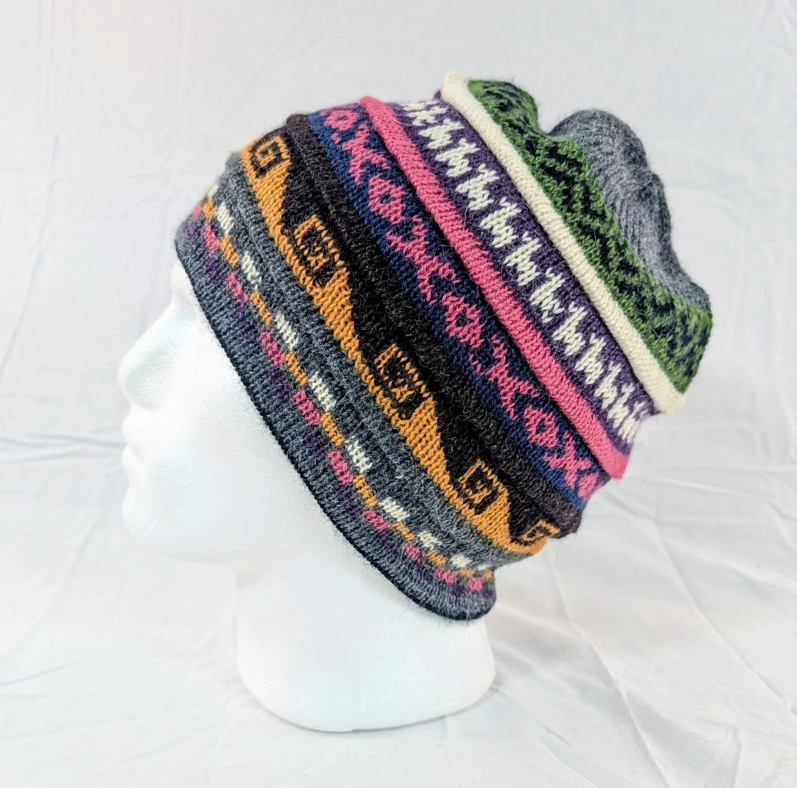 Soft Baby Alpaca Beanie Reversible Gray Pink Unisex Colorful Boho Llama Peru