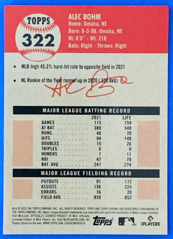 Alec Bohm 2022 Topps Chrome Platinum Gold Prism SP Refractor Phillies - Image 2 of 2