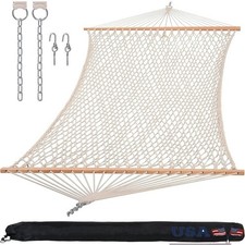 Heavy Duty Double Hammock W/ Hardwood Spreader Bar & Thick Ropes Relaxation New