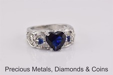 2ct Blue Heart Solitaire w/ Accented Band Silver Statement Ring Sz: 9
