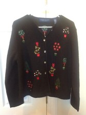 Karen Scott Pure Wool Black Medium Christmas Cardigan, EUC