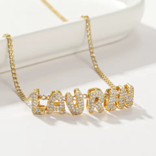 Custom Name 3D Cubic Zirconia Bubble Letters Necklace Jewelry Gold Silver Women
