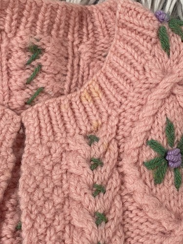 Great Vintage Handmade Pink Green Flowers Cardigan Sweater S M - 第 7/7 張圖片