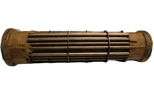 Brown cylindrical Dresser-Rand 3125B oil cooler with alternating ribbed and smooth metal fan blades on white background.