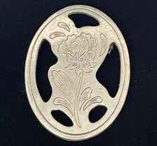 VTG KIRK STIEFF Flower Brooch Etched Pewter Pierced Oval Signed Pin FREE SHIP