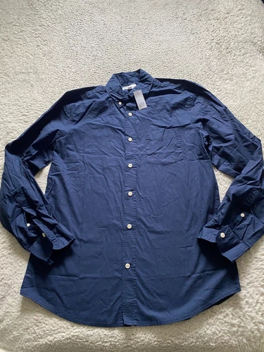 Gap Men Slim Fit Stretch Poplin Long Sleeve Button-Down Shirt Navy Size M