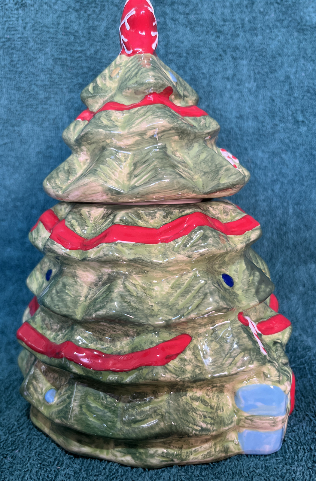 Gibson Home Hand Painted 9” Christmas Tree Treat Jar Ceramic