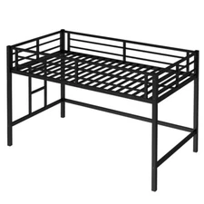 Twin Size Low Loft Metal Bed w/Easy Climbing Ladder & Guardrails for Kids,Black 