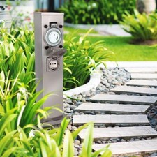 Garten Steckdosensäule für außen - Farbe: Edelstahl 3-fach mit Zeitschaltuhr