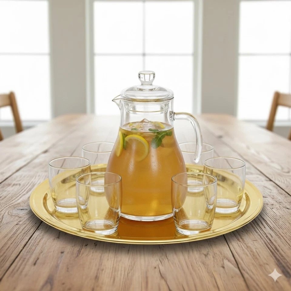 Heavy 16'' inch Large Gold Plated Indian Round Serving Tray Platter Cake, Drinks - Image 4 of 4