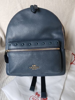 NWOT Coach F45315 Medium Charlie Blue Pebbled Leather Backpack Lacquer MSRP $378