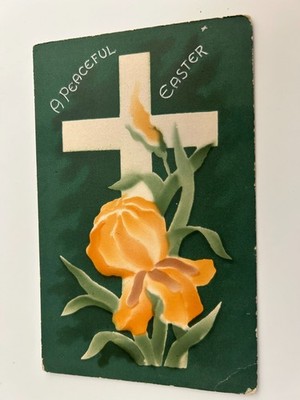 A Peaceful Easter Iris Flower and Cross Vintage Postcard