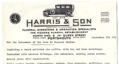 1951 (oder früher?) Portsmouth Briefkopf Harris & Sohn Bestattungsleiter