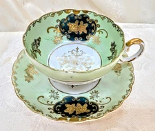 Vintage Royal Sealy Ornate Mint Green & Gold Footed Teacup and Saucer Set Gilt