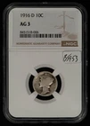 1916-D 10c Mercury Silver Dime - Looks G+ - Key Date Coin - NGC AG 3 - SKU-B5953