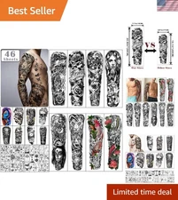 Non-Toxic Temporary Tattoos - 46 Sheets of Realistic Full Arm & Shoulder Designs
