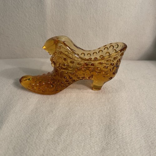 Vintage Fenton Art Glass Amber Brown Hobnail Cat Head Shoe Glass Slipper - Picture 1 of 7