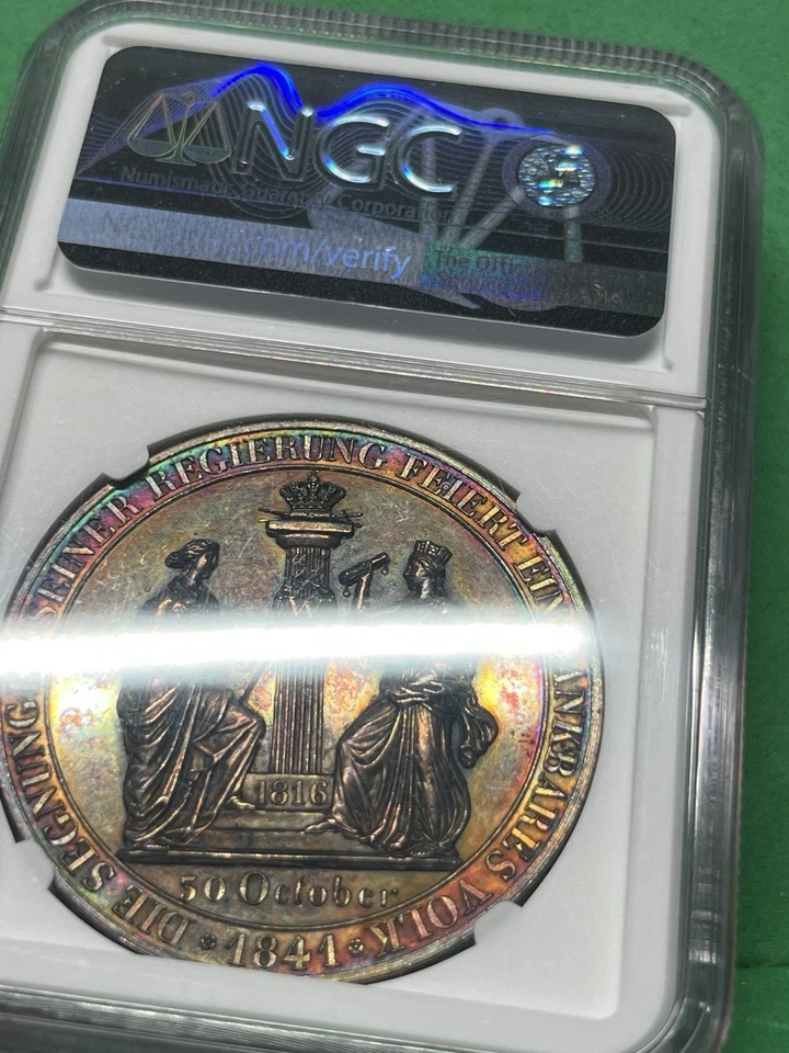 1841-DATED GERMANY BRONZE WURTTEMBERG GOVERNMNT 25TH ANNIV. SILVERED NGC MS63 - Image 3 of 4