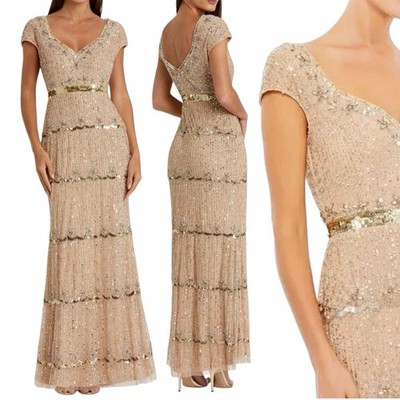 Mac Duggal Nude Cap Sleeve Sweetheart Neckline Sequin Formal Gown Sz 8 #9089