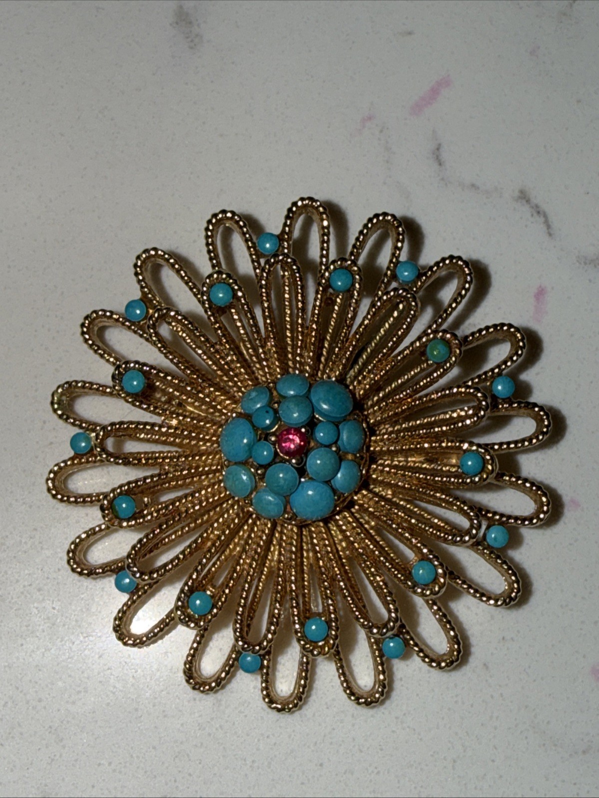 Vintage Signed Capri Gold Tone Brooch 3D Flower Shaped