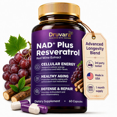Druvara NAD+ Plus Resveratrol Supplement Energy & Metabolism Support 60 Capsules