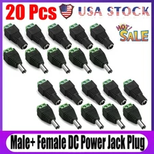 20pcs Male+Female DC Power Jack Connector Adapter Plug 2.1 x 5.5mm for CCTV US