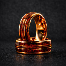 Whiskey Barrel Guitar String Tungsten Wedding Band for Men, Rose Gold Wood Ring