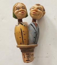 Carved Wood Anri Mechanical Kissing Couple Wine Bottle Cork Stopper Vtg Italy