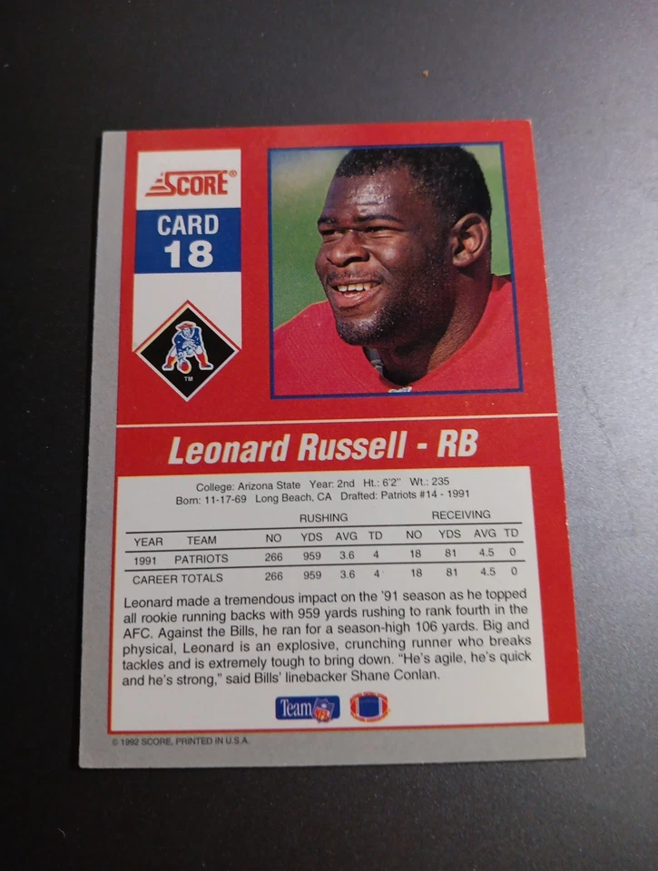 1992 Score - Gridiron Stars Leonard Russell #18 - Image 2 of 2