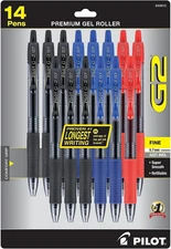 , G2 Premium Gel Roller Pens, Fine Point 0.7 Mm, Blue, Black, Red, Pack of 14