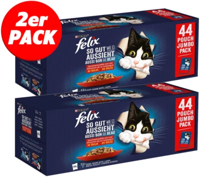 FELIX 2x Pack Katzenfutter Nass Fleisch & Geflügel Mix in Gelee - 88 x 85g