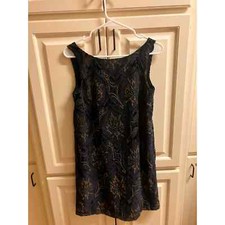 LOFT Sleeveless Dress XS Blue Tan Knee Length Zip Up Low Back Lined Summer Scoop