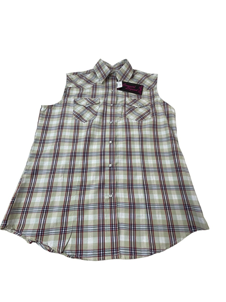 NWT Cowgirl Legend Western Shirt Women L Tan Plaid Sleeveless Snap 