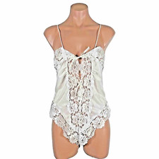 Vtg 90s BODYSUIT TEDDY NYLON  LACE SILKY White by ALANA GALE L Bridal Sissy