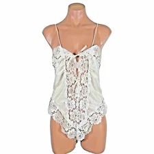 Vtg 90s BODYSUIT TEDDY NYLON & LACE SILKY White by ALANA GALE L Bridal Sissy