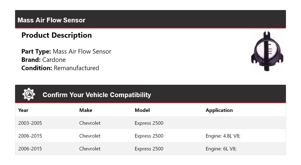 Sensor de flujo de aire masivo Cardone 2004 2005 2006 para Chevrolet Express 2500 2003-2015 Foto 2 de 4