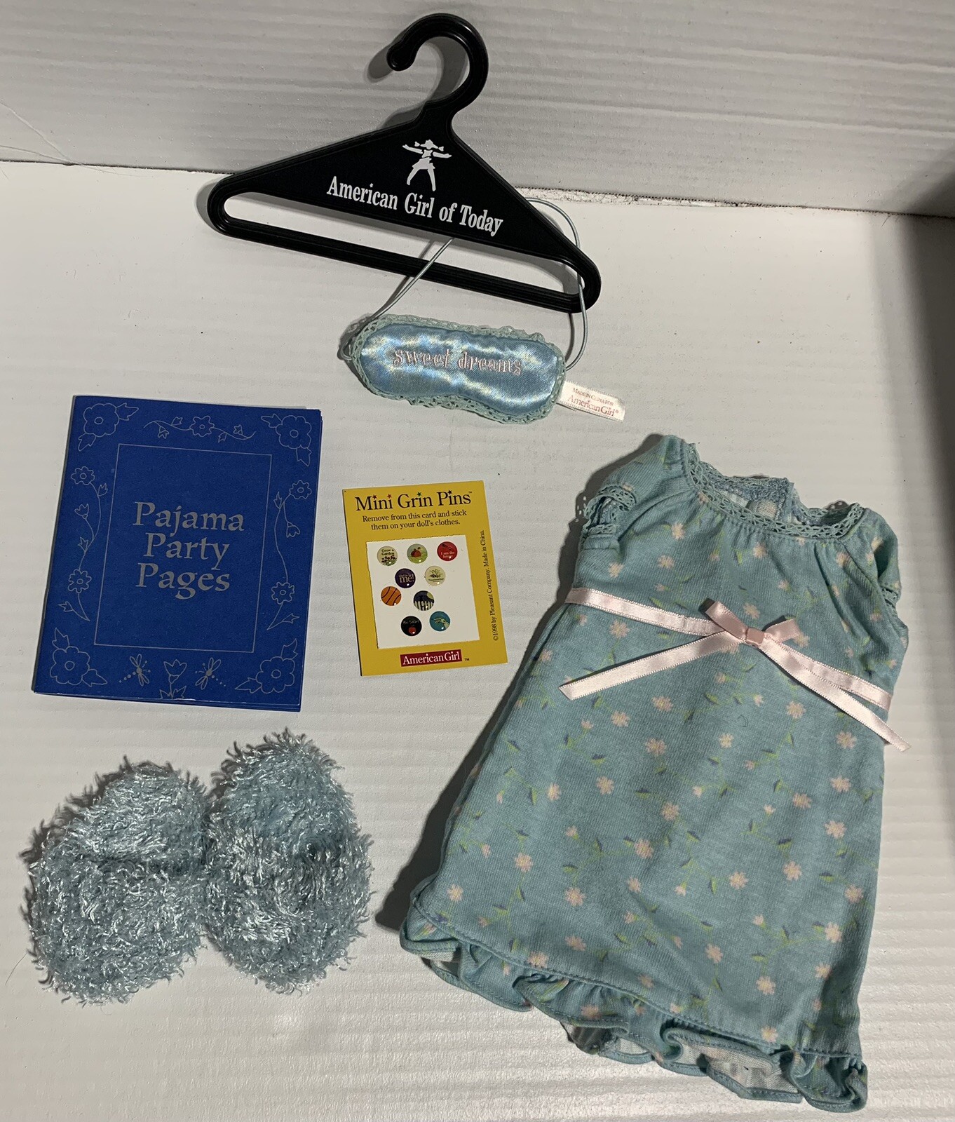 American Girl Doll Blue Floral Nightgown with Mask House Slippers Book