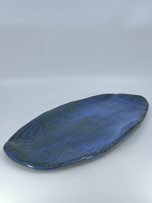 Blue glazed Studio Art Pottery Tray Platter Stamped wood grain Imprint By MORRY