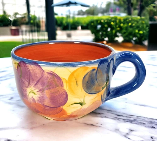 L Pierce Art Pottery Signed Mug Cup Hand Painted Floral Vintage 1998 LARGE 26 oz