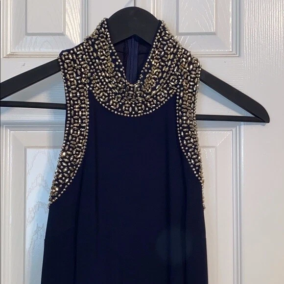 Vestido formal de graduación, con cuentas, lentejuelas doradas, espalda abierta, azul marino, talla 1, Blondie Nites Foto 2 de 4