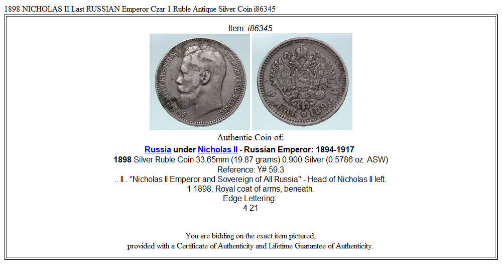 1898 NICHOLAS II Last RUSSIAN Emperor Czar 1 Ruble Antique Silver 1898 NICHOLAS II Last RUSSIAN Emperor Czar 1 Ruble Antique Silver