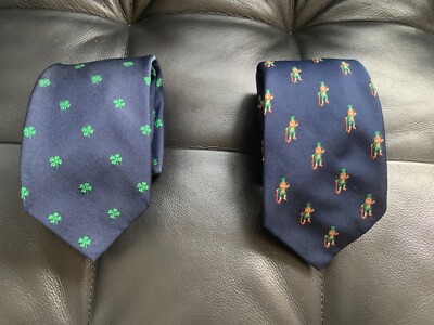 2 ROBERT TALBOTT  Tie Navy Clover Shamrock & Leprechaun Irish 3.25''x55.5''