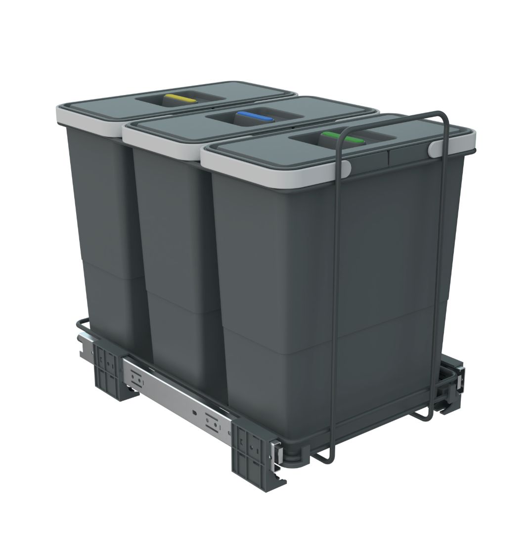 400mm Grey Cabinet Bin Base Mounted 3 x 12L Integrated Pull Out Waste Recycling
