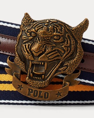Polo Ralph Lauren Striped Tiger-Buckle Belt Navy & Yellow Men's