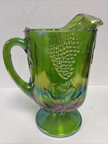 Vintage Green Carnival Glass Pitcher Indiana Harvest Grape Iridescent - Picture 2 of 4